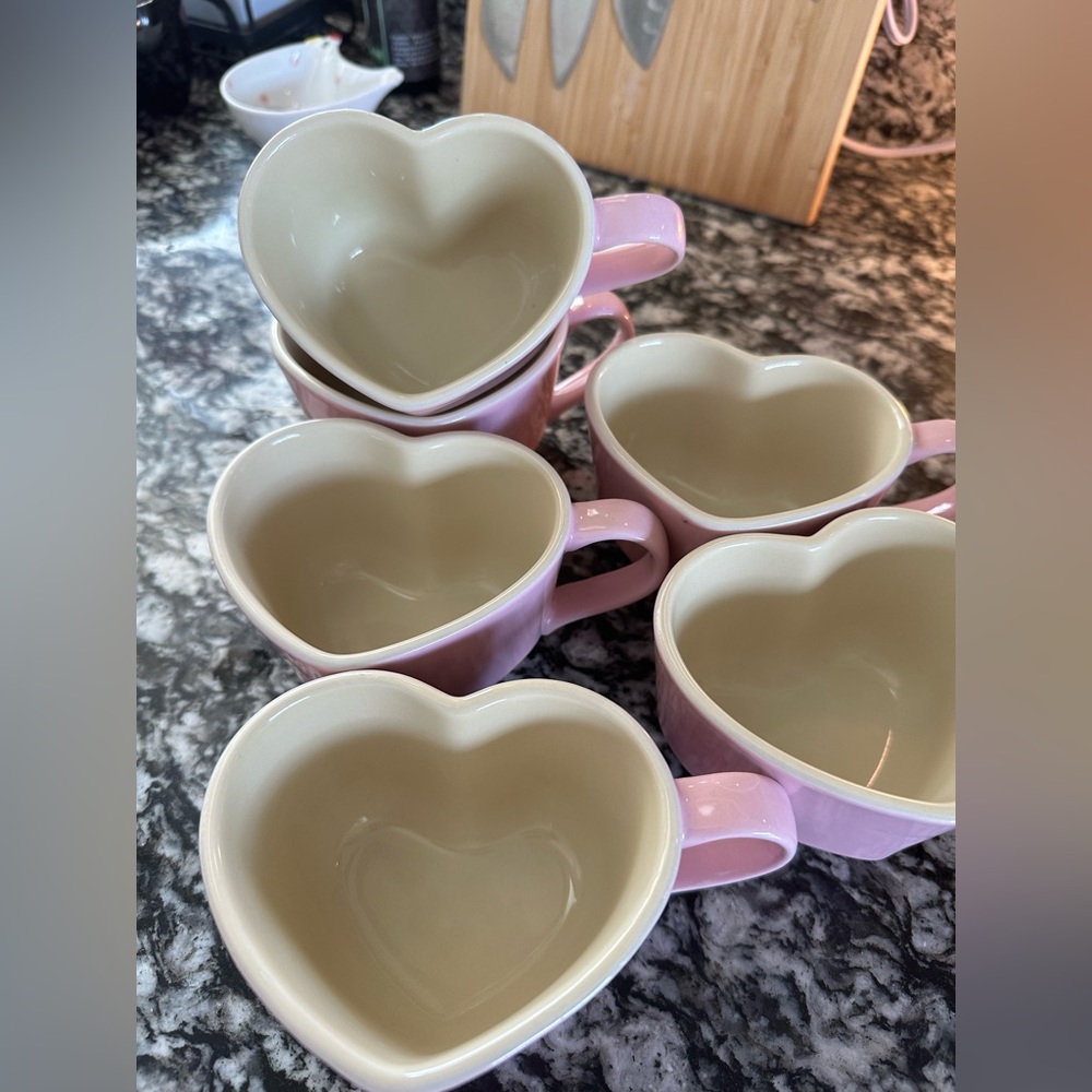 6 Heart-Shaped Pink and Cream Mugs